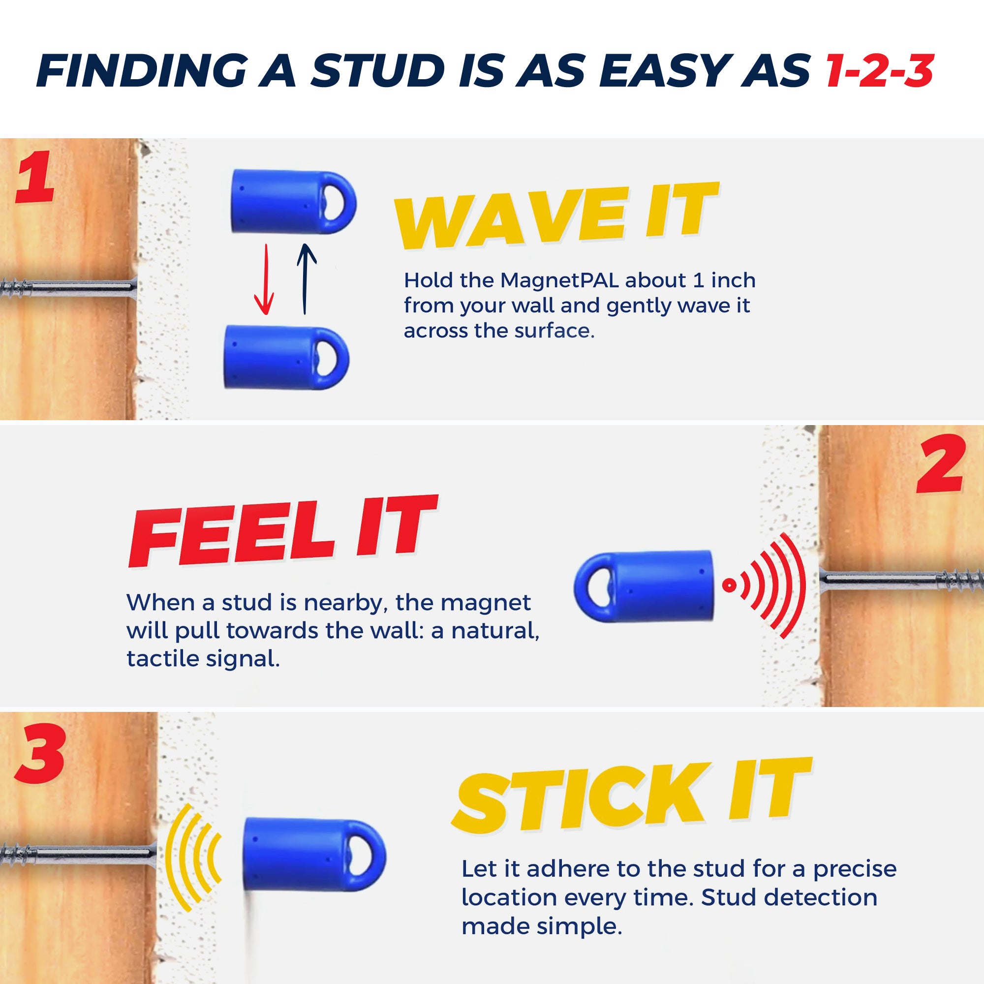 Magnetic Stud Finder: 3-Pack (Black) Neodymium Stud Detector for Drywall. 12 lb Pull, Anti-Rust, Made in USA